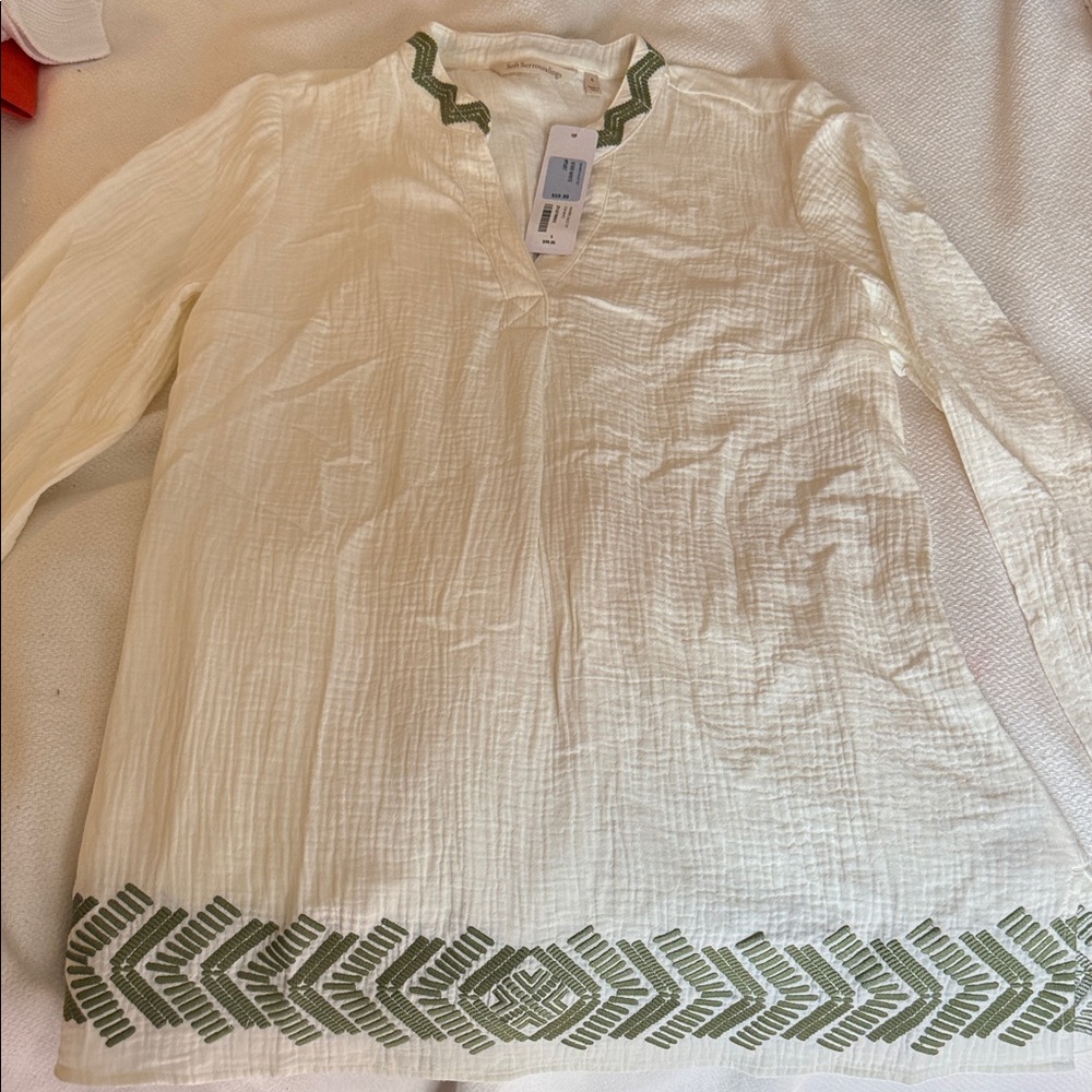 Soft Surroundings Elegant Gauze Cream and Green Women's Top Size Small